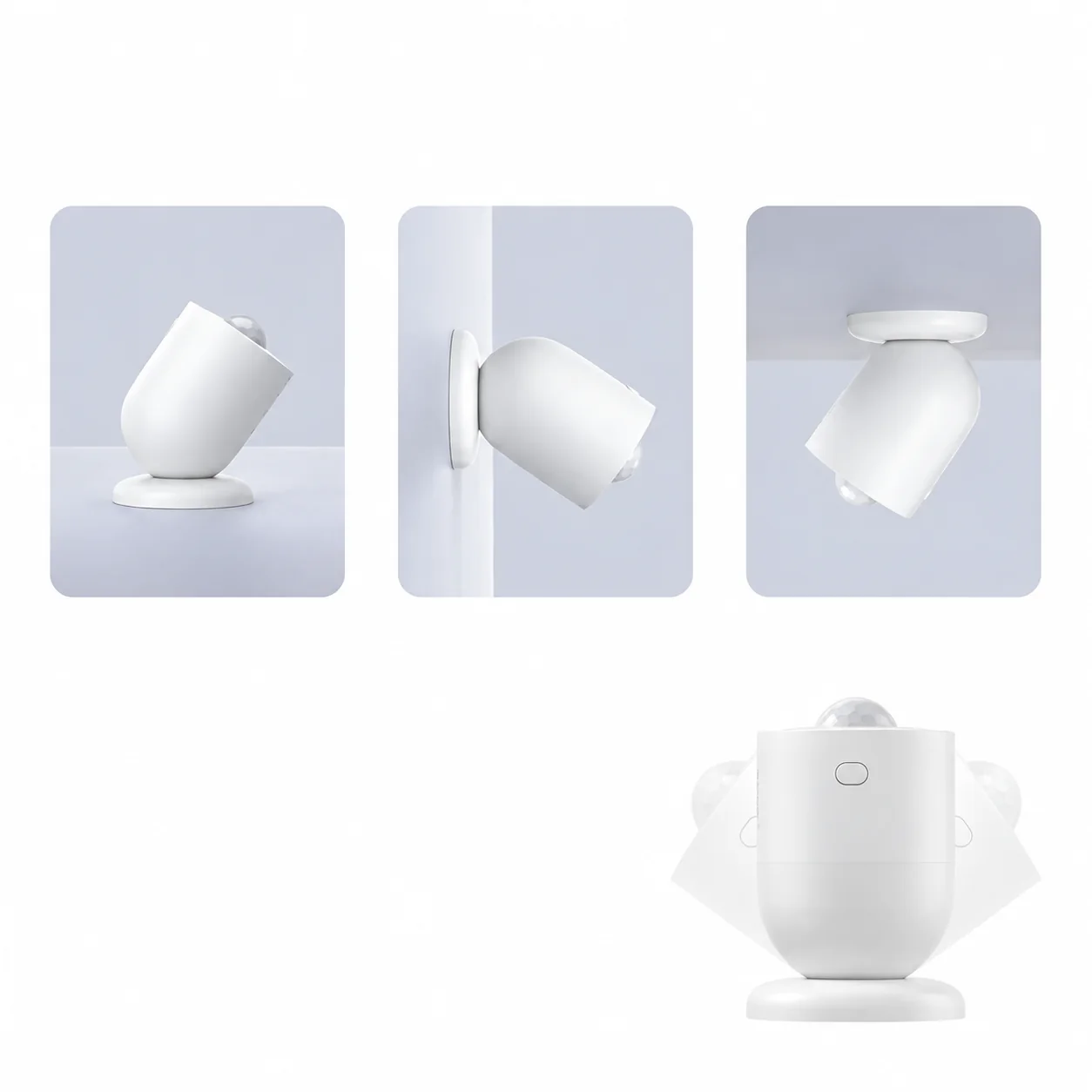 Examples of a compact motion sensor placed on a surface, mounted on a wall and mounted on a ceiling