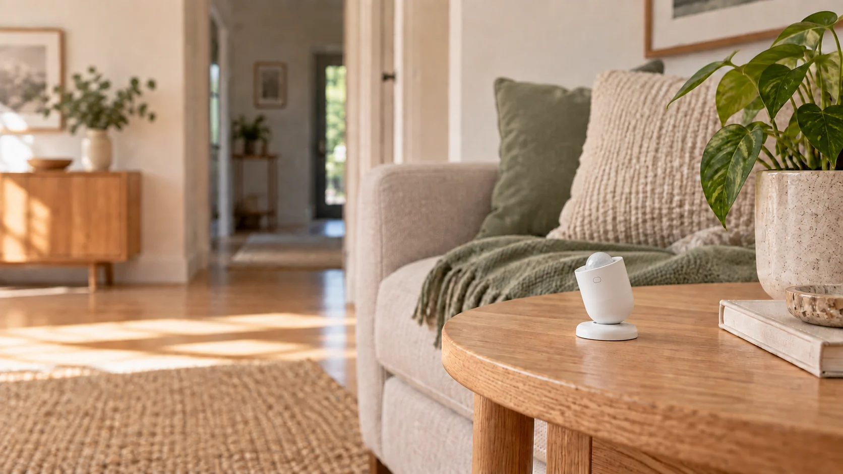 A compact PassiveAlert motion sensor angled on its base on a living room table